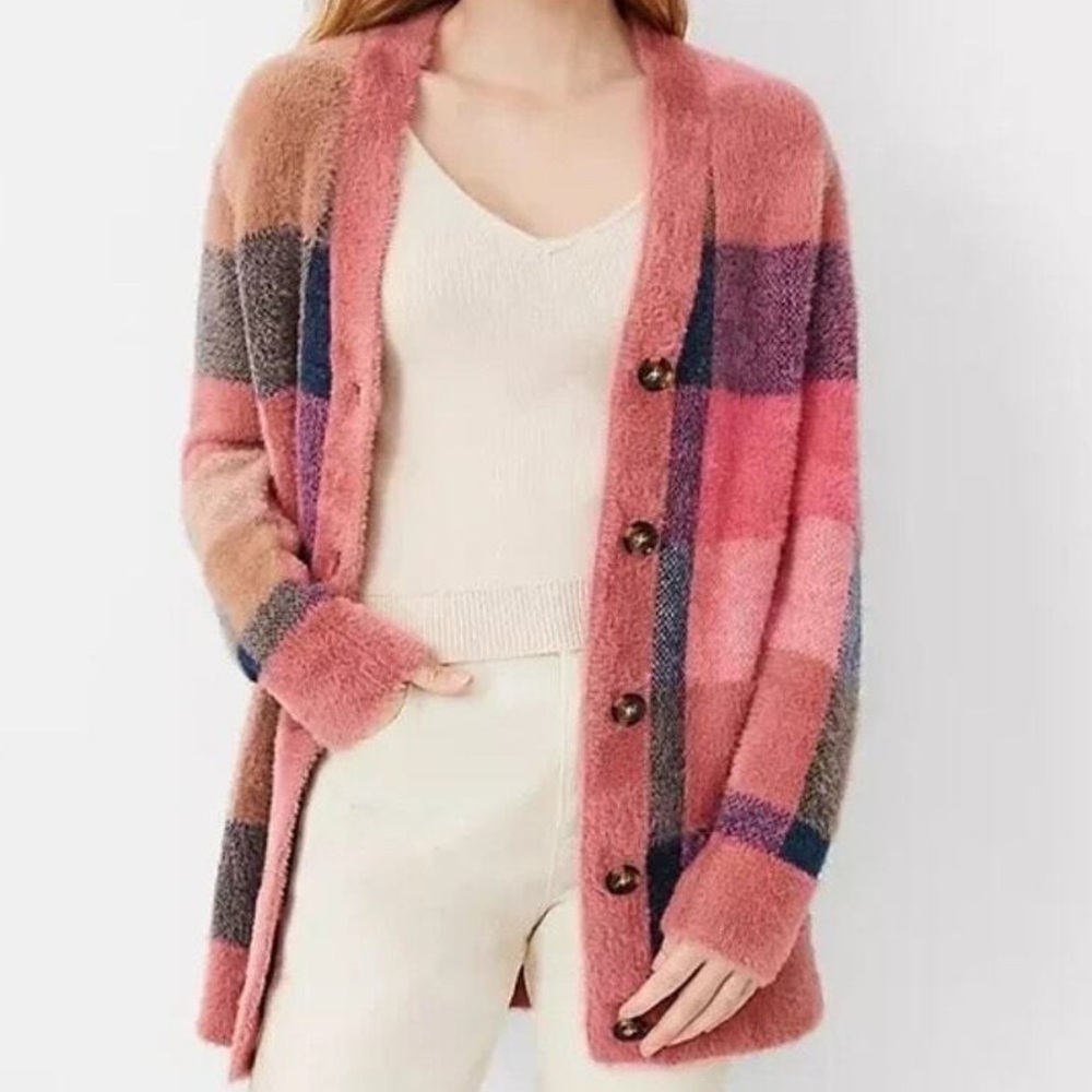 Ann Taylor Boyfriend Plaid Button-Up Cardigan Size Small